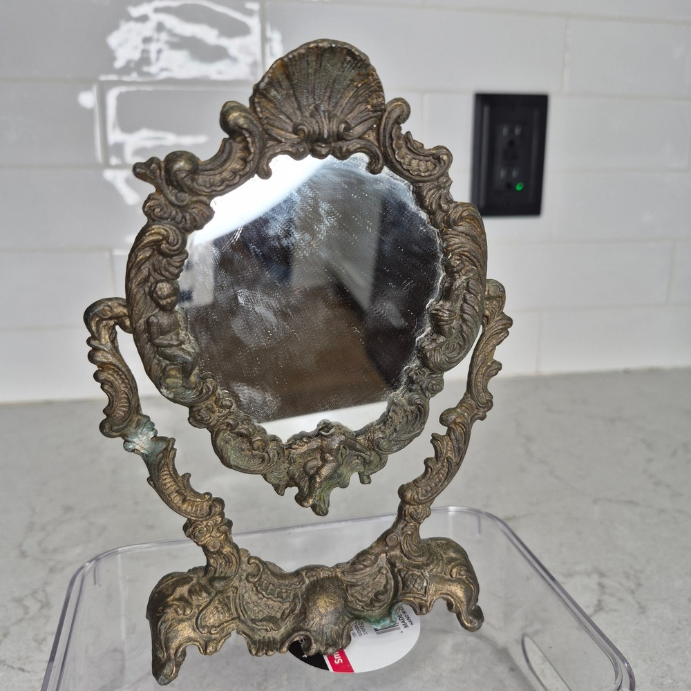 Vintage Vanity Mirror Ornate Cherub Brass Small Gold